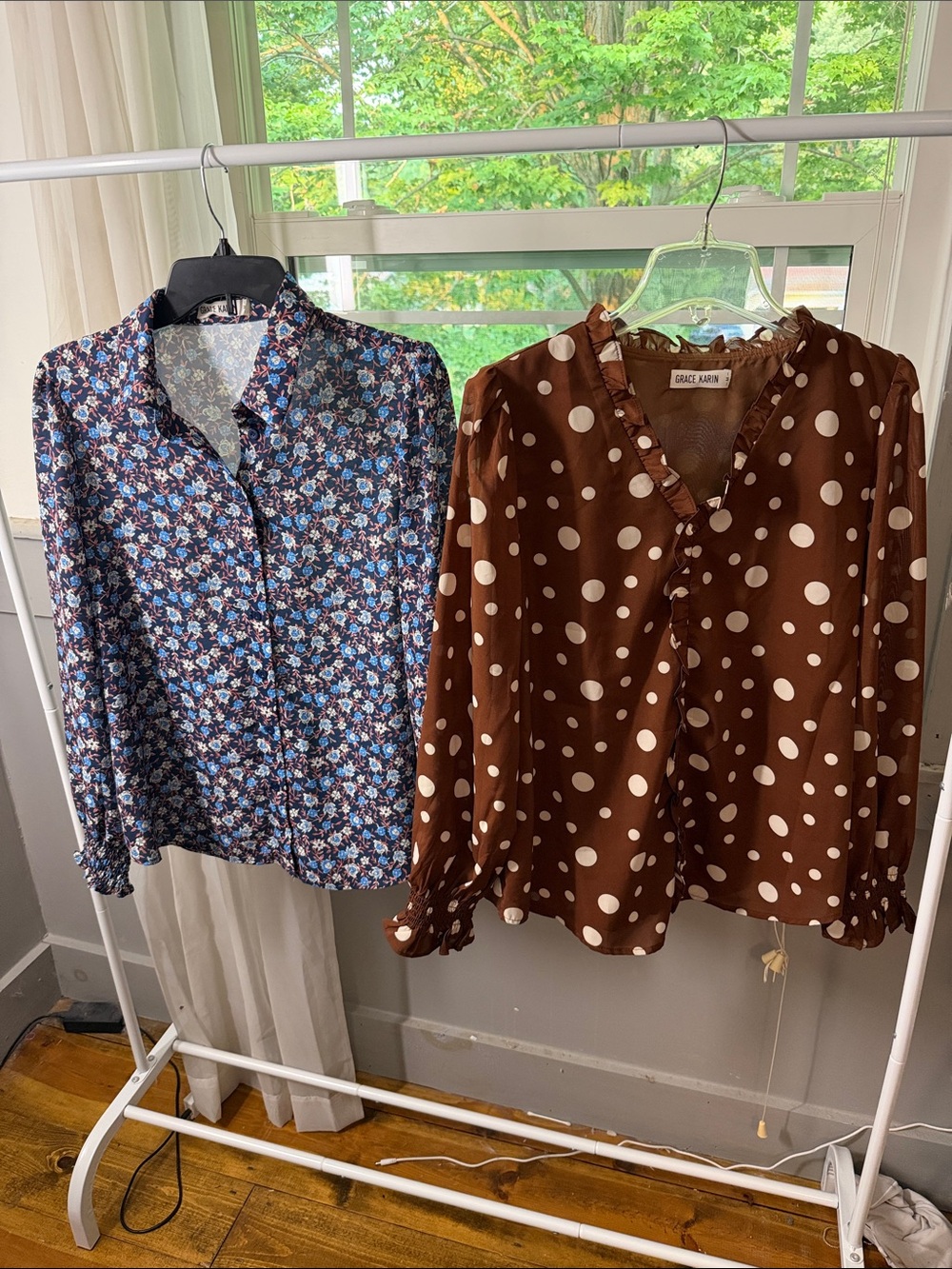 Grace Karin Brown and Blue Floral & Polka Dot Button-Down Blouses
